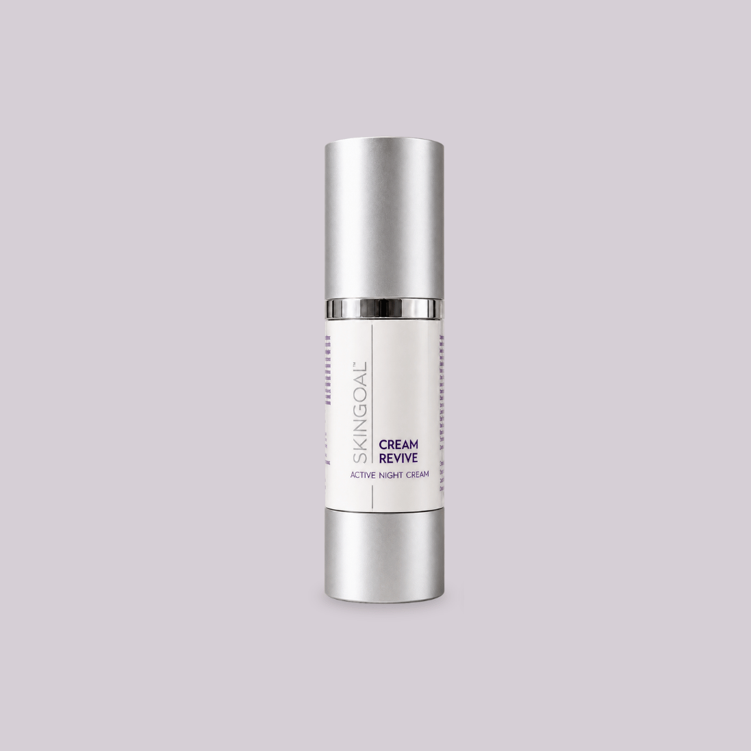 A silver cosmetic tube of SKINGOAL of Cream Revive Active Night Cream, centered on a solid light purple background.