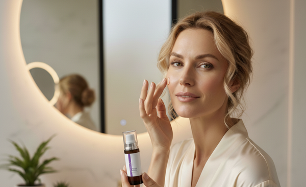 beautiful woman with highlighted hair, white skin putting retinol serum on her face