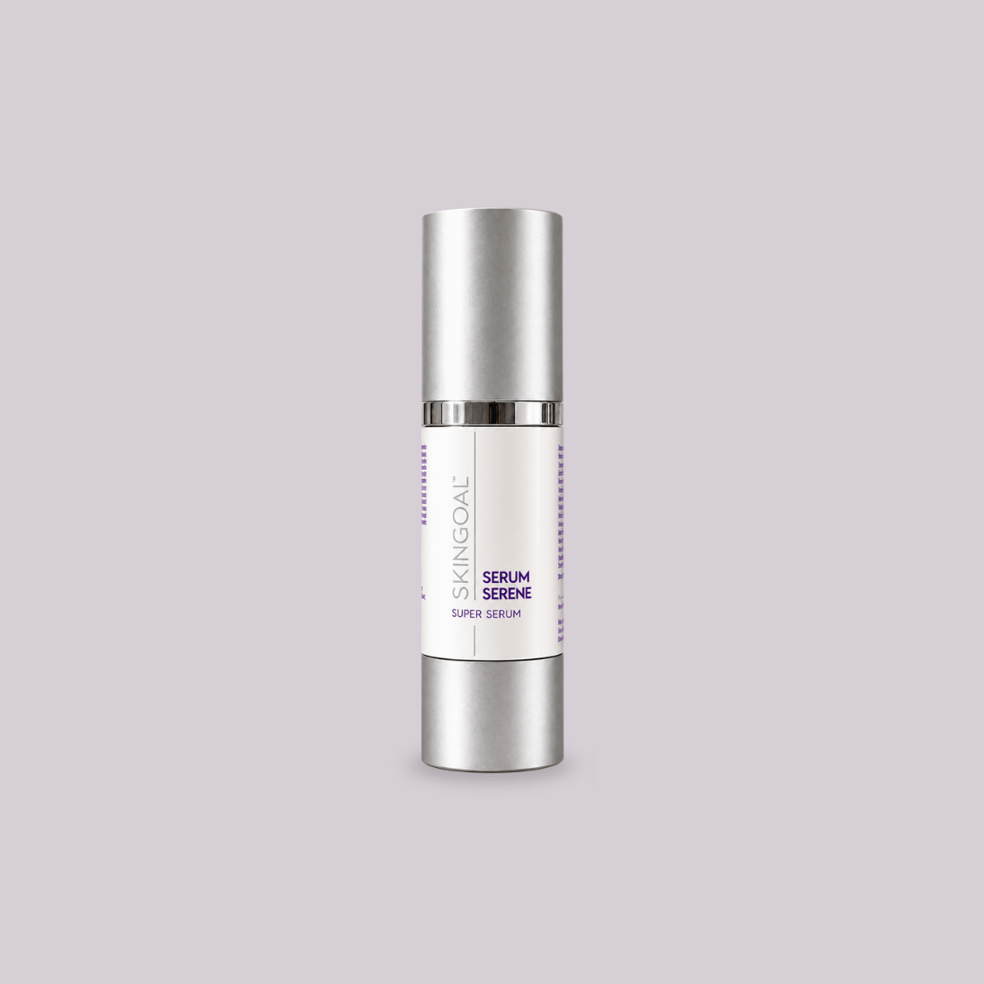Skingoal Serum serene perfect for sensitie skin A silver cosmetic tube of SKINGOAL , centered on a solid light purple background.